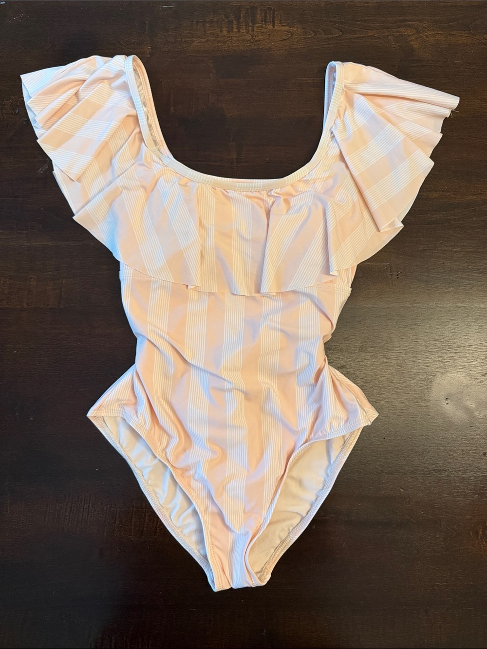 Ruffled One-Piece Swimsuit in Light Pink Stripe